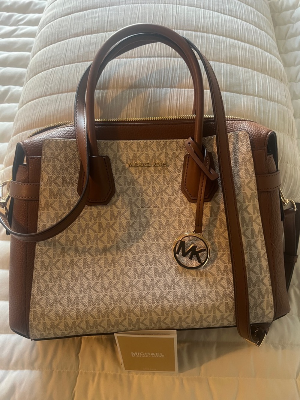 Michael Kors Saffiano Leather Logo Satchel in Brown and Beige